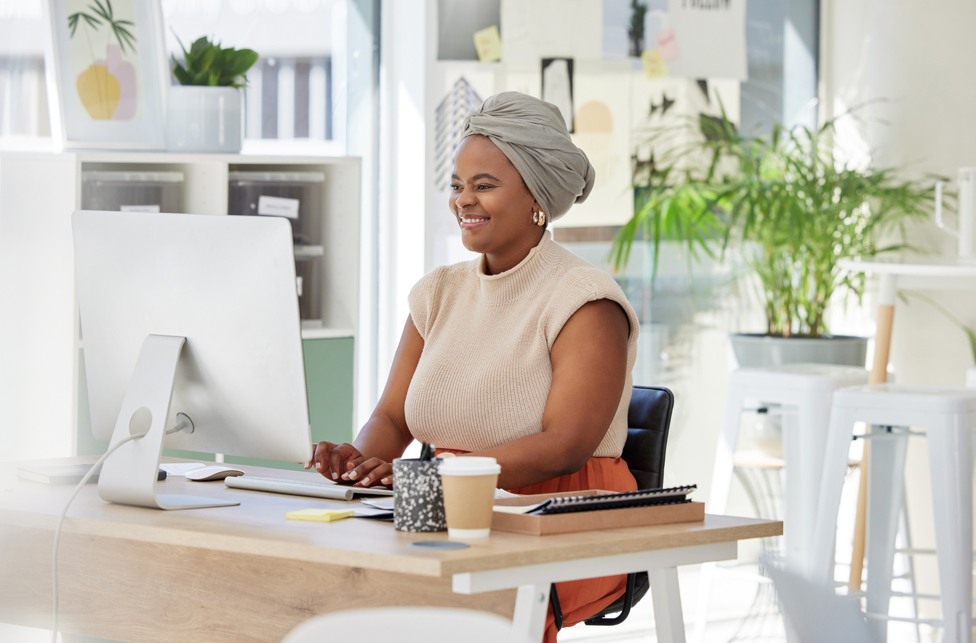 Business, Happy or Black Woman Typing on Computer Working on Search Engine or Online Project Research. SEO Technology, Smile or Mature African Journalist Writing Blog Reports or Internet Articles