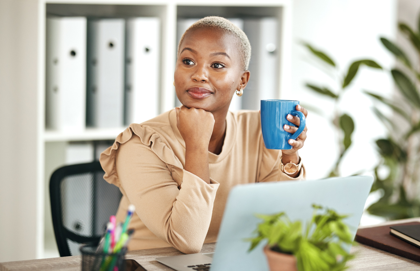 Black Woman at Desk, Thinking with Coffee Cup and Relax with Ideas for Content Creation at Digital Marketing Startup. Copywriter, Laptop and Female, Contemplating and Inspiration for Copywriting Job