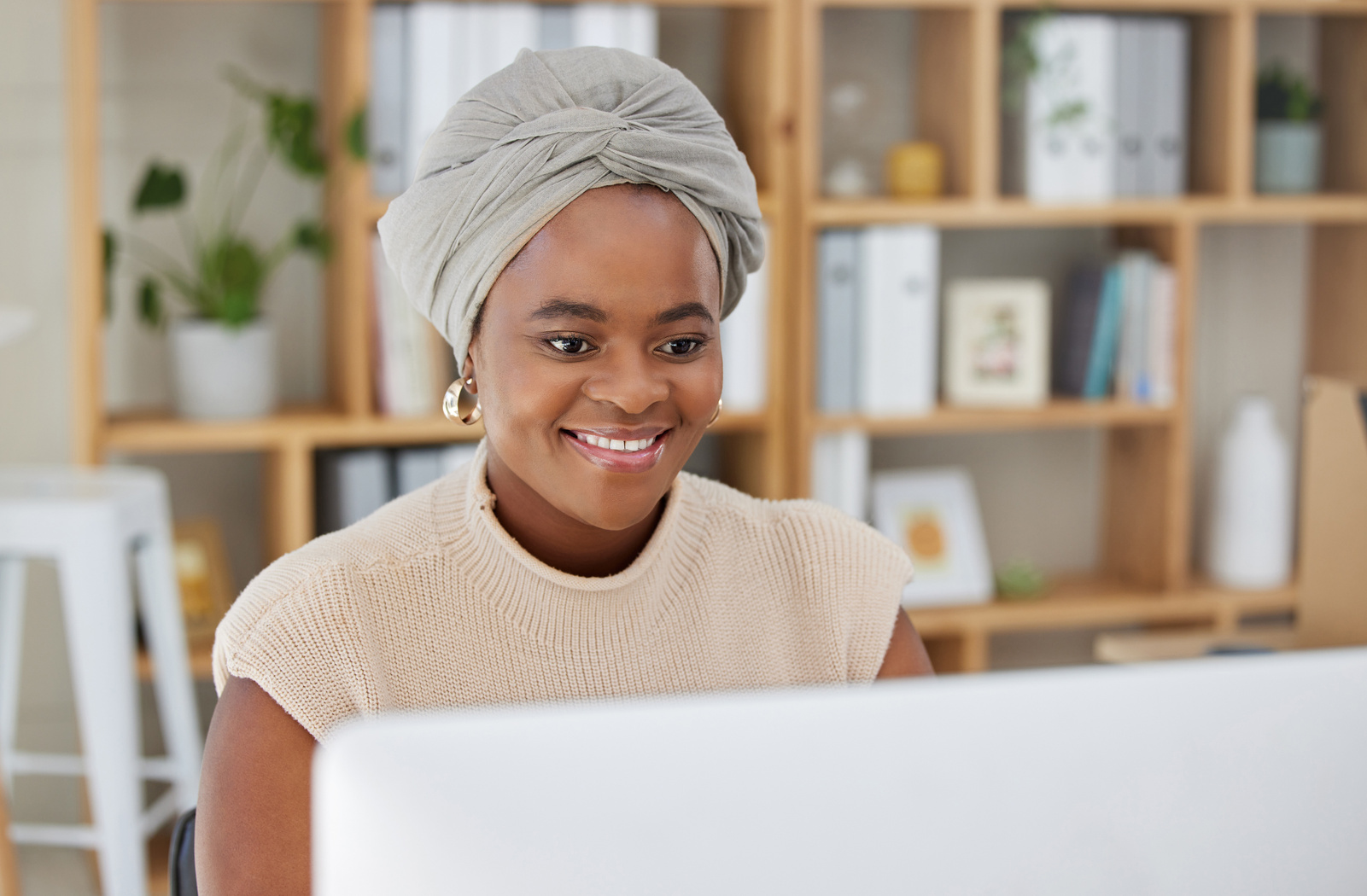 Business, Smile or Black Woman Typing on Computer Working on Search Engine or Online Project Research. SEO Technology, Email or Happy African Journalist Writing Blog Reports or Internet Articles